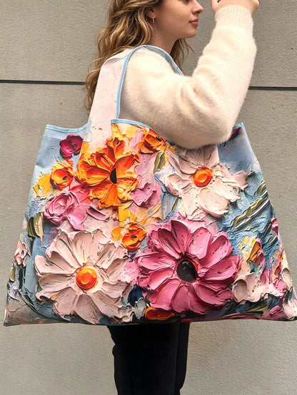 1pc Floral Print Oil Painting 3D Fashion Large Capacity Tote Bag, Portable Foldable Handbag, Shopping Bag, Shoulder Bag, Reusable Bag