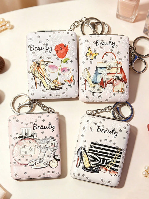 1pc Foldable Rhinestone Makeup Mirror, Buckle Folding Small Mirror, Portable Double-Sided Flip Cover, Creative Girl Pendant Double-Sided Mirror, Double-Sided Leather Mirror With Magnifying Mirror, Fas