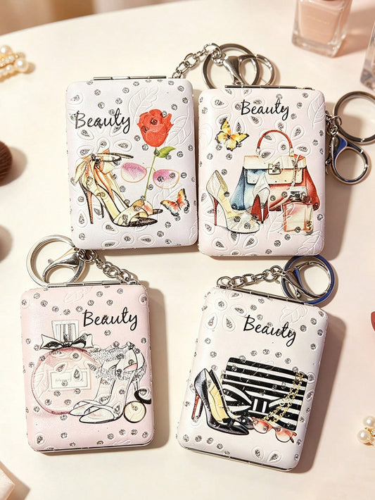 1pc Foldable Rhinestone Makeup Mirror, Buckle Folding Small Mirror, Portable Double-Sided Flip Cover, Creative Girl Pendant Double-Sided Mirror, Double-Sided Leather Mirror With Magnifying Mirror, Fas