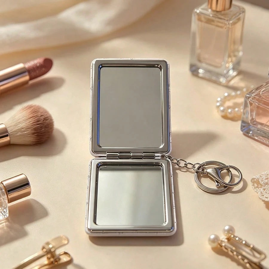 1pc Foldable Rhinestone Makeup Mirror, Buckle Folding Small Mirror, Portable Double-Sided Flip Cover, Creative Girl Pendant Double-Sided Mirror, Double-Sided Leather Mirror With Magnifying Mirror, Fas