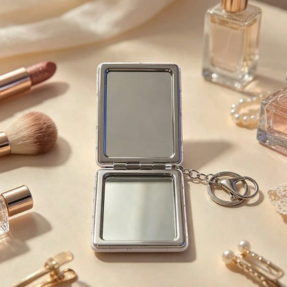 1pc Foldable Rhinestone Makeup Mirror, Buckle Folding Small Mirror, Portable Double-Sided Flip Cover, Creative Girl Pendant Double-Sided Mirror, Double-Sided Leather Mirror With Magnifying Mirror, Fas