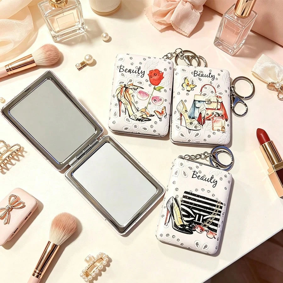 1pc Foldable Rhinestone Makeup Mirror, Buckle Folding Small Mirror, Portable Double-Sided Flip Cover, Creative Girl Pendant Double-Sided Mirror, Double-Sided Leather Mirror With Magnifying Mirror, Fas