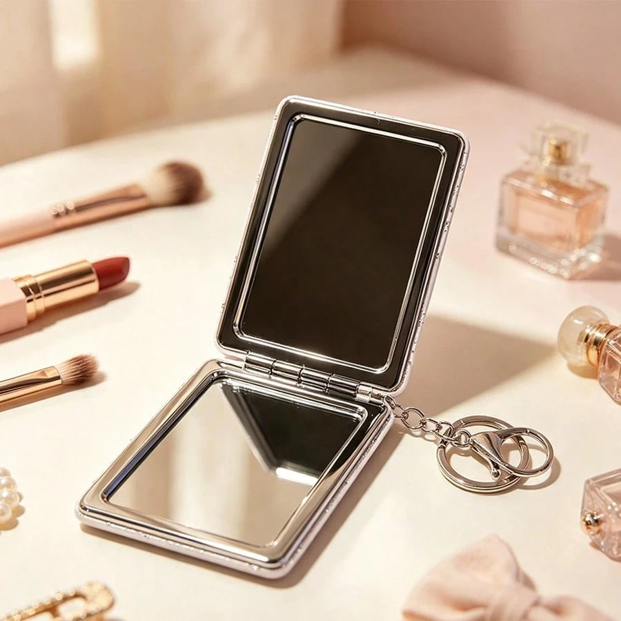 1pc Foldable Rhinestone Makeup Mirror, Buckle Folding Small Mirror, Portable Double-Sided Flip Cover, Creative Girl Pendant Double-Sided Mirror, Double-Sided Leather Mirror With Magnifying Mirror, Fas