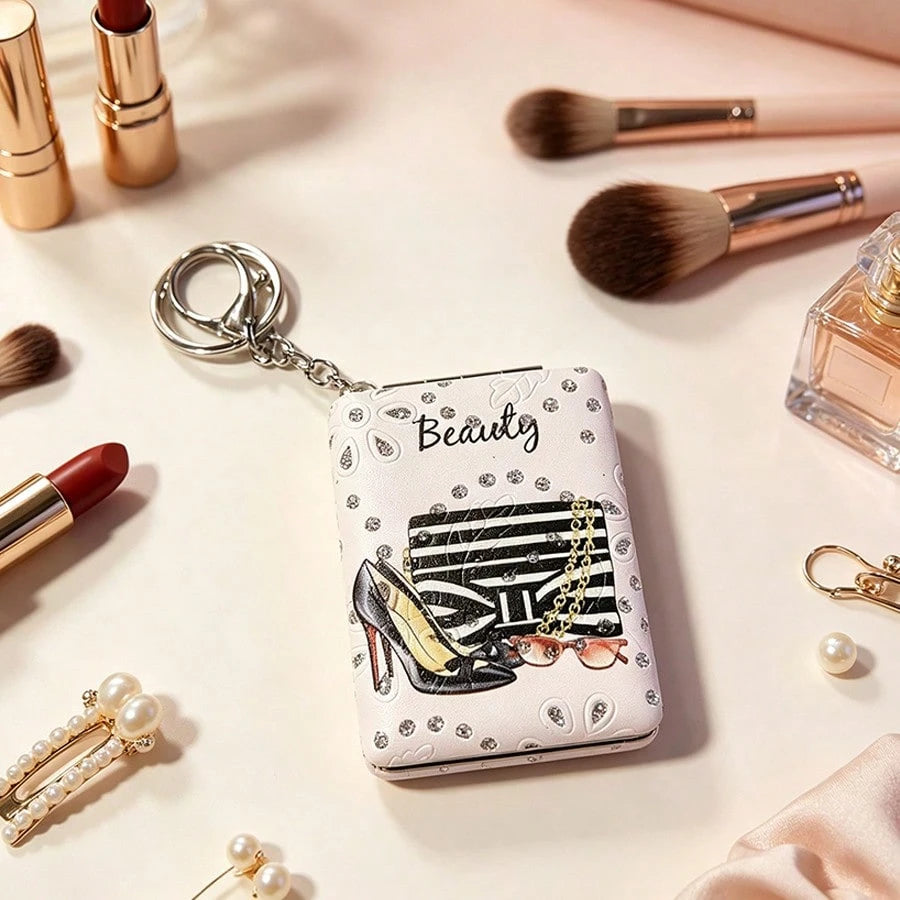 1pc Foldable Rhinestone Makeup Mirror, Buckle Folding Small Mirror, Portable Double-Sided Flip Cover, Creative Girl Pendant Double-Sided Mirror, Double-Sided Leather Mirror With Magnifying Mirror, Fas