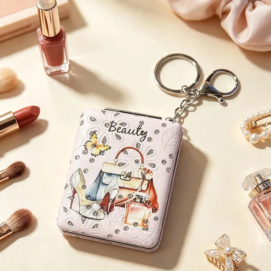 1pc Foldable Rhinestone Makeup Mirror, Buckle Folding Small Mirror, Portable Double-Sided Flip Cover, Creative Girl Pendant Double-Sided Mirror, Double-Sided Leather Mirror With Magnifying Mirror, Fas