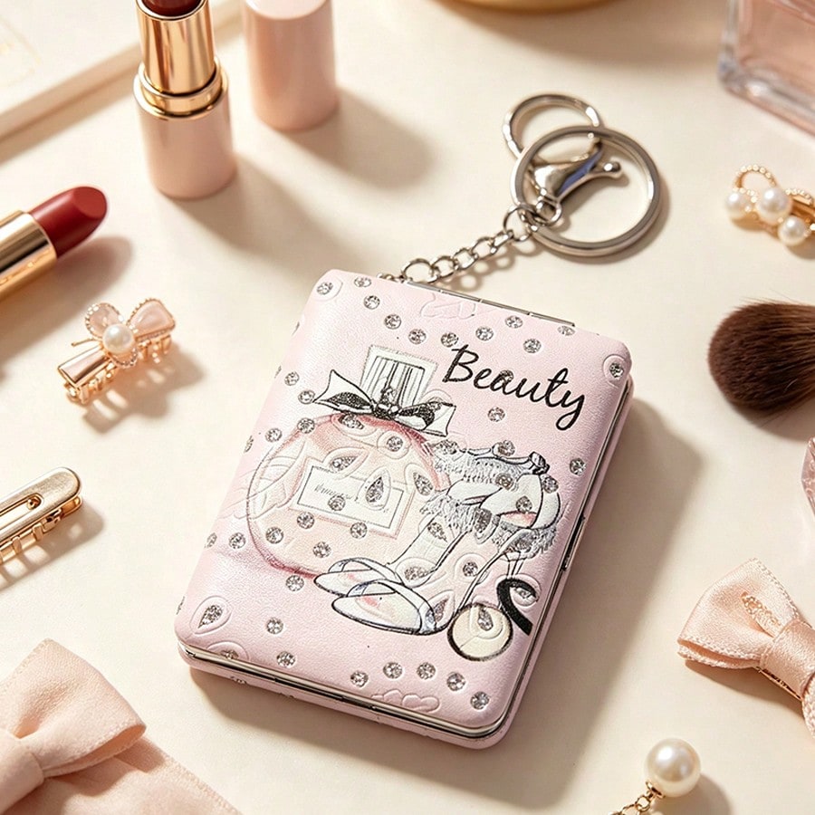 1pc Foldable Rhinestone Makeup Mirror, Buckle Folding Small Mirror, Portable Double-Sided Flip Cover, Creative Girl Pendant Double-Sided Mirror, Double-Sided Leather Mirror With Magnifying Mirror, Fas