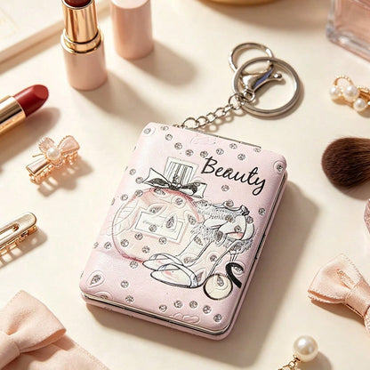 1pc Foldable Rhinestone Makeup Mirror, Buckle Folding Small Mirror, Portable Double-Sided Flip Cover, Creative Girl Pendant Double-Sided Mirror, Double-Sided Leather Mirror With Magnifying Mirror, Fas