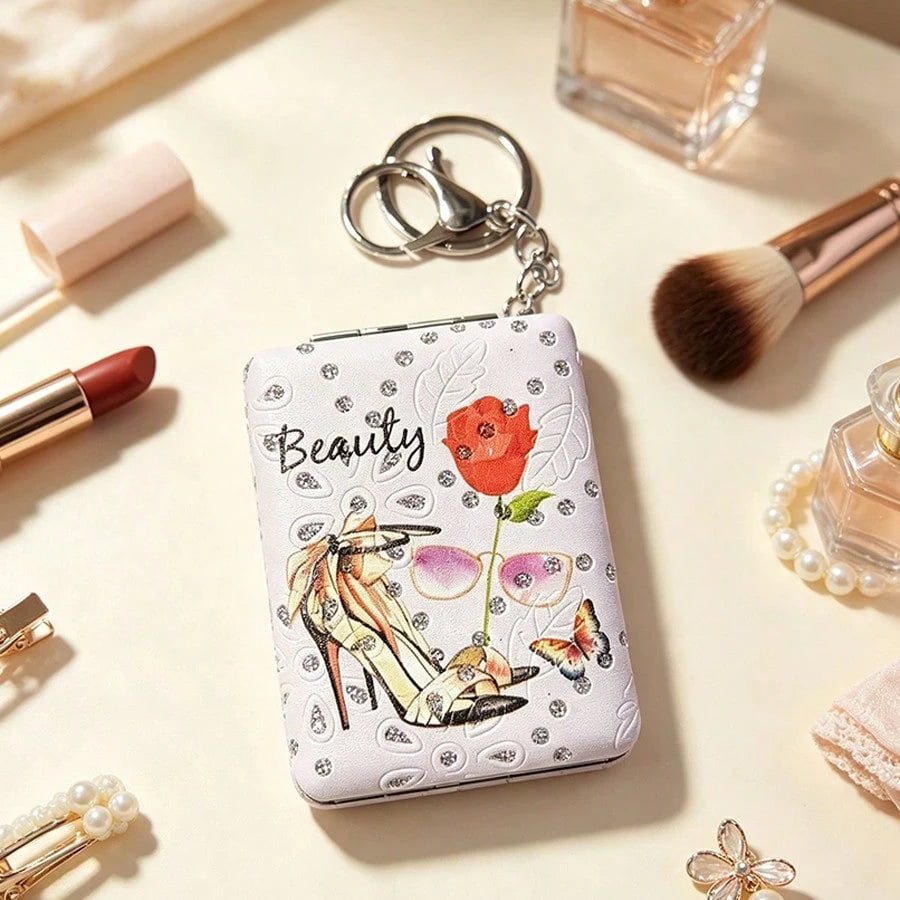 1pc Foldable Rhinestone Makeup Mirror, Buckle Folding Small Mirror, Portable Double-Sided Flip Cover, Creative Girl Pendant Double-Sided Mirror, Double-Sided Leather Mirror With Magnifying Mirror, Fas