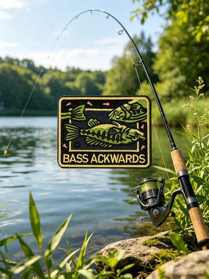1pc Funny "BASS ACKWARDS" Fishing Embroidered Patch, Humorous Square Fishing Embroidery Applique, Suitable For DIY Iron-On/Sewing Patch, Decorating Fishing Shirts, Backpacks, Hats, Vests, Outdoor Enth