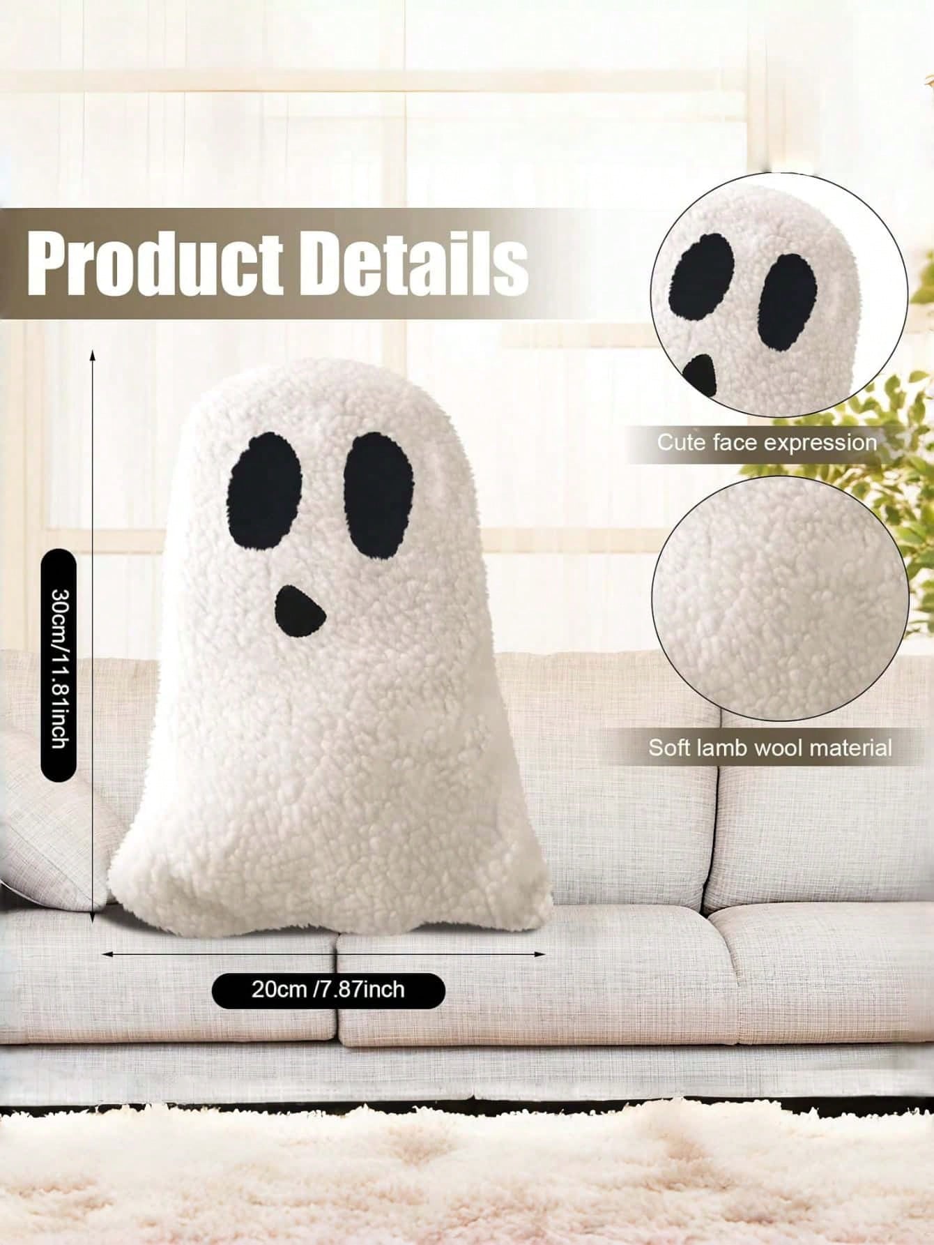 1pc Ghost Shaped Throw Pillow, Halloween Sofa Bed Cushion, Ghost Decorative Stuffed Pillow, Halloween Party Outdoor Home Decor Cushion
