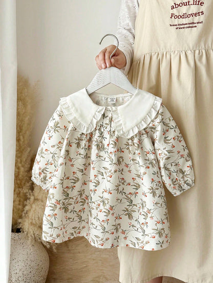 1pc Girls Floral Lace Collar Lantern Sleeve Loose Dress, Comfortable Mori Style, Suitable For Artistic Family Photos, Spring/Autumn Fall Winter