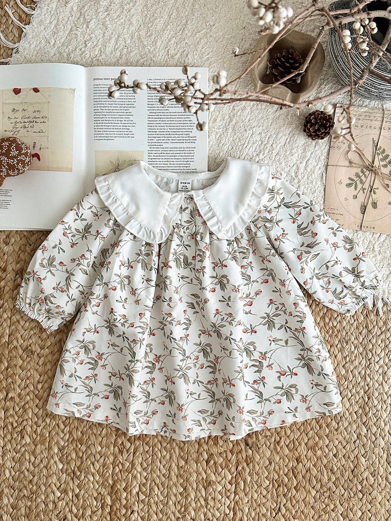 1pc Girls Floral Lace Collar Lantern Sleeve Loose Dress, Comfortable Mori Style, Suitable For Artistic Family Photos, Spring/Autumn Fall Winter