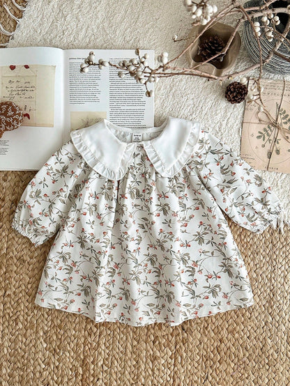 1pc Girls Floral Lace Collar Lantern Sleeve Loose Dress, Comfortable Mori Style, Suitable For Artistic Family Photos, Spring/Autumn Fall Winter