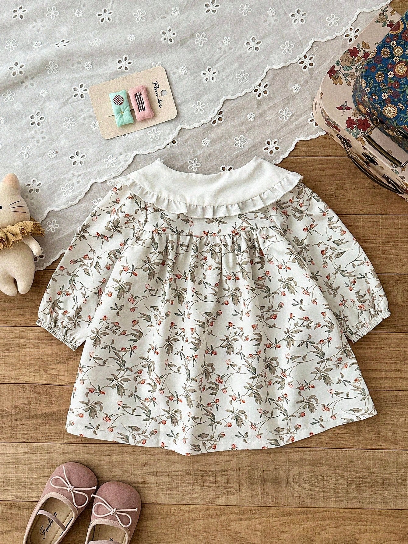 1pc Girls Floral Lace Collar Lantern Sleeve Loose Dress, Comfortable Mori Style, Suitable For Artistic Family Photos, Spring/Autumn Fall Winter