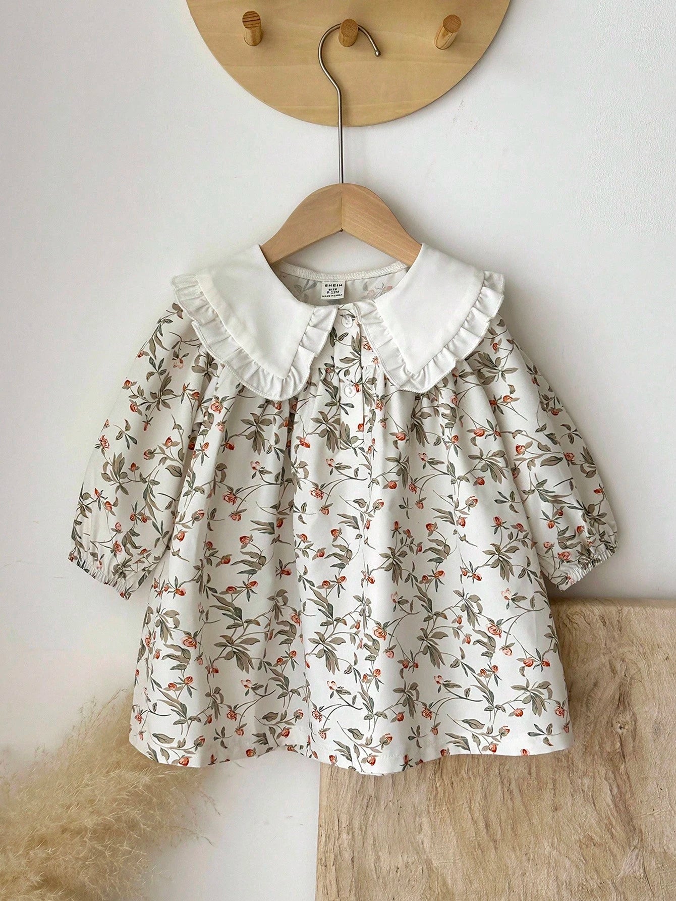 1pc Girls Floral Lace Collar Lantern Sleeve Loose Dress, Comfortable Mori Style, Suitable For Artistic Family Photos, Spring/Autumn Fall Winter