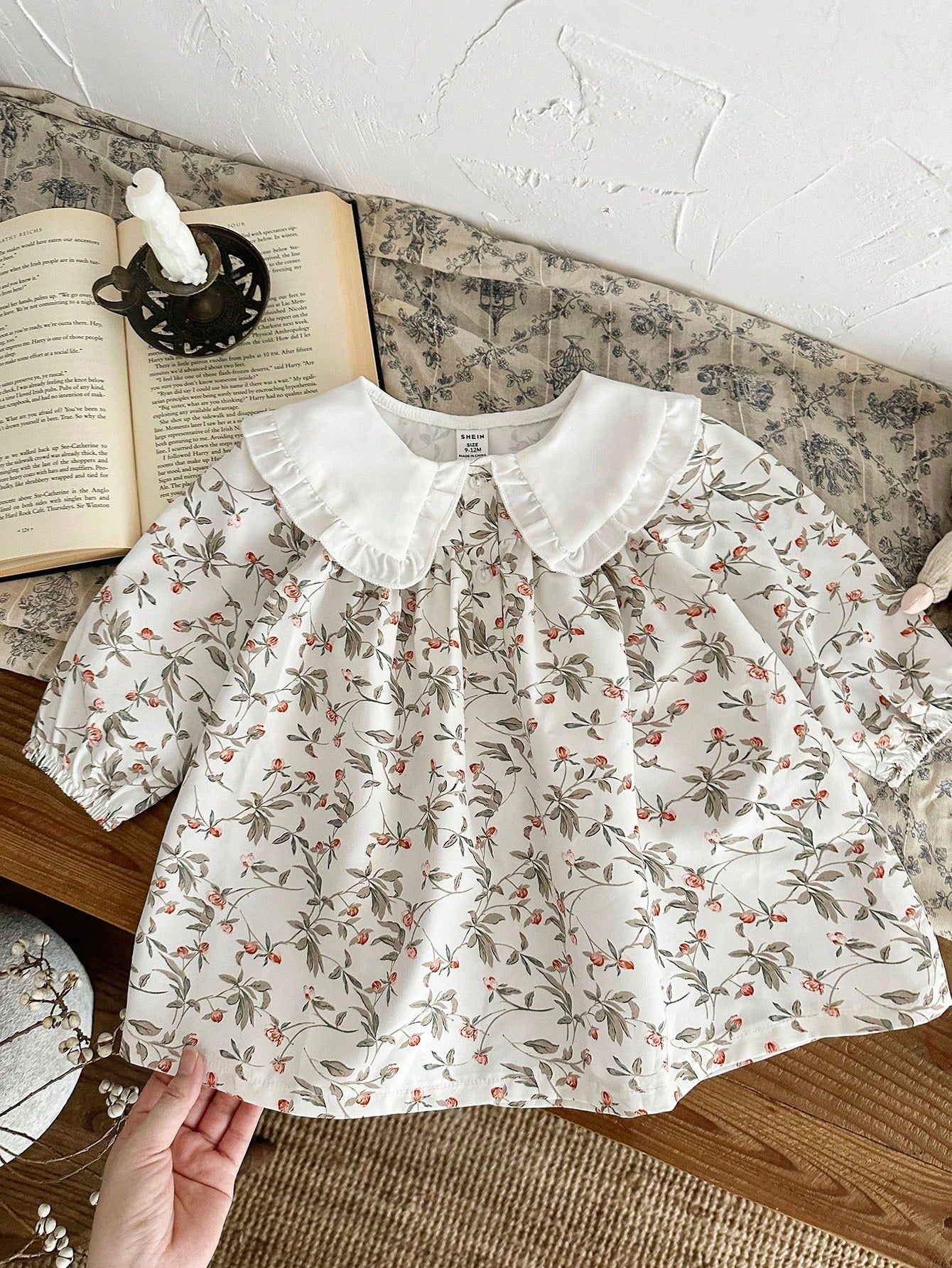 1pc Girls Floral Lace Collar Lantern Sleeve Loose Dress, Comfortable Mori Style, Suitable For Artistic Family Photos, Spring/Autumn Fall Winter