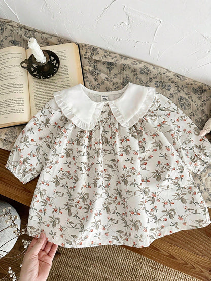 1pc Girls Floral Lace Collar Lantern Sleeve Loose Dress, Comfortable Mori Style, Suitable For Artistic Family Photos, Spring/Autumn Fall Winter