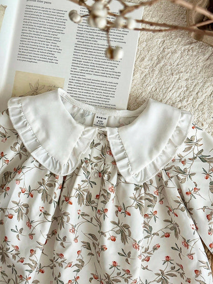 1pc Girls Floral Lace Collar Lantern Sleeve Loose Dress, Comfortable Mori Style, Suitable For Artistic Family Photos, Spring/Autumn Fall Winter
