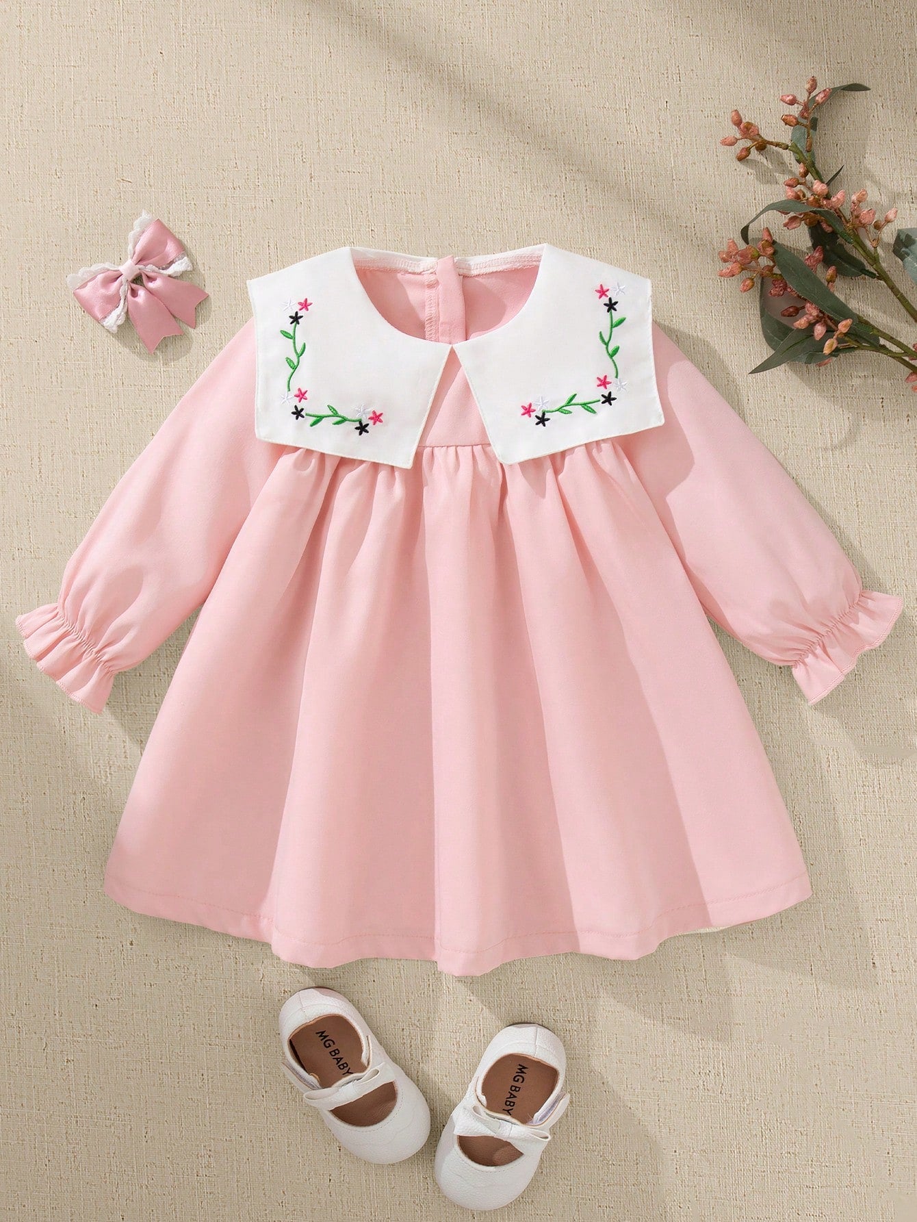 1pc Girls Floral Lace Collar Lantern Sleeve Loose Dress, Comfortable Mori Style, Suitable For Artistic Family Photos, Spring/Autumn Fall Winter