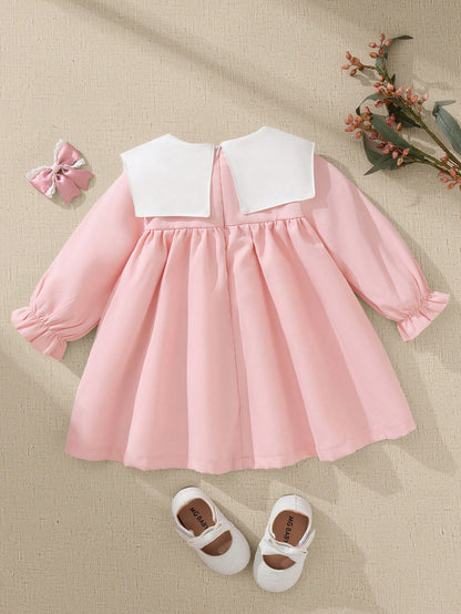 1pc Girls Floral Lace Collar Lantern Sleeve Loose Dress, Comfortable Mori Style, Suitable For Artistic Family Photos, Spring/Autumn Fall Winter