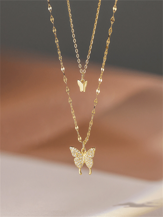 1pc Gold Color Butterfly Double Layer Crystal Necklace, Alloy Material, Perfect Gift For Girlfriend Back To School