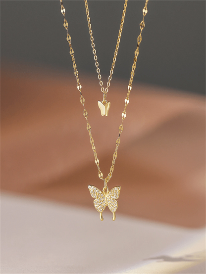 1pc Gold Color Butterfly Double Layer Crystal Necklace, Alloy Material, Perfect Gift For Girlfriend Back To School