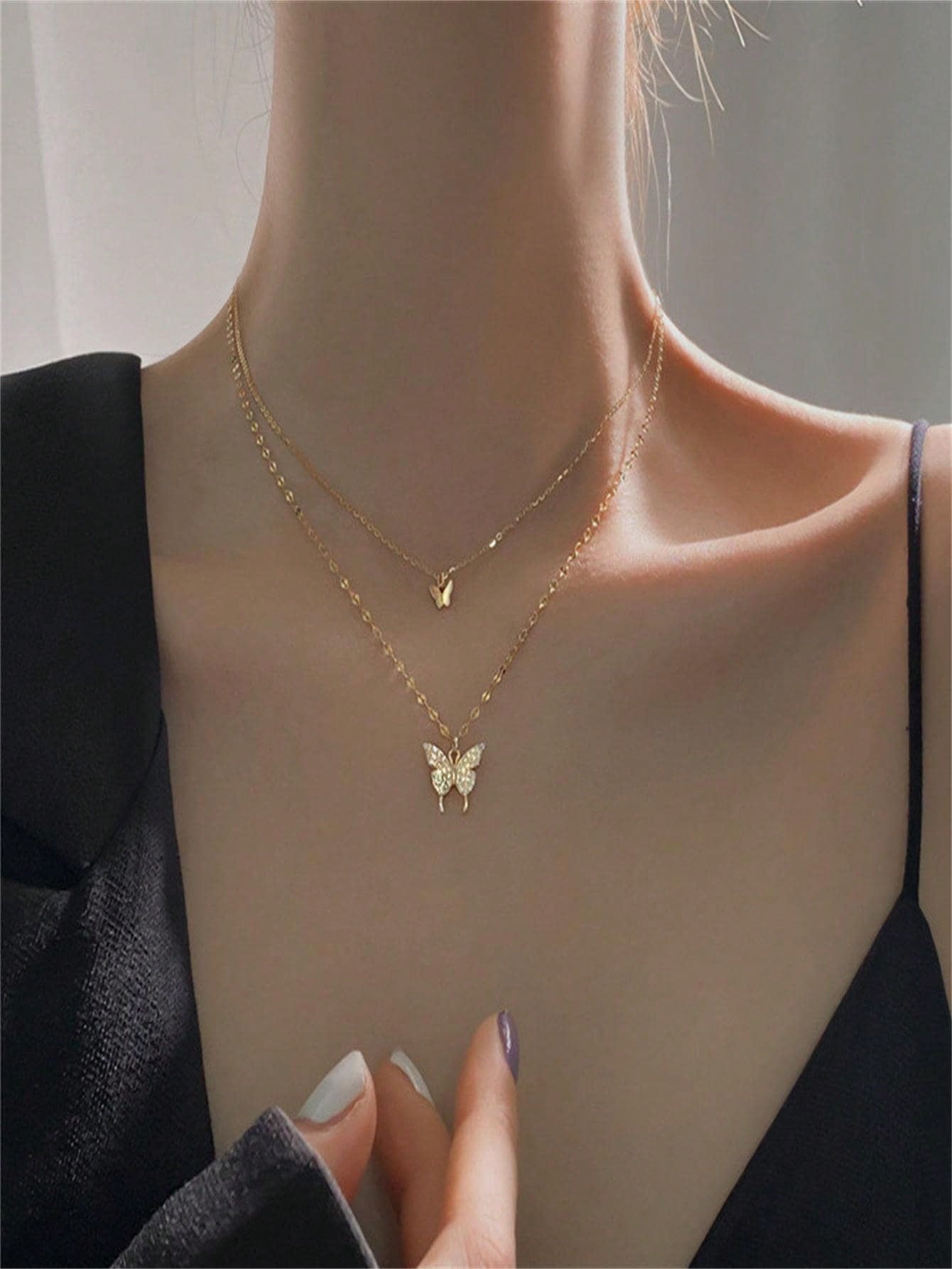 1pc Gold Color Butterfly Double Layer Crystal Necklace, Alloy Material, Perfect Gift For Girlfriend Back To School