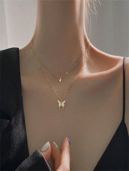 1pc Gold Color Butterfly Double Layer Crystal Necklace, Alloy Material, Perfect Gift For Girlfriend Back To School