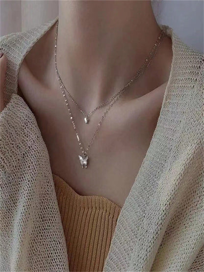 1pc Gold Color Butterfly Double Layer Crystal Necklace, Alloy Material, Perfect Gift For Girlfriend Back To School