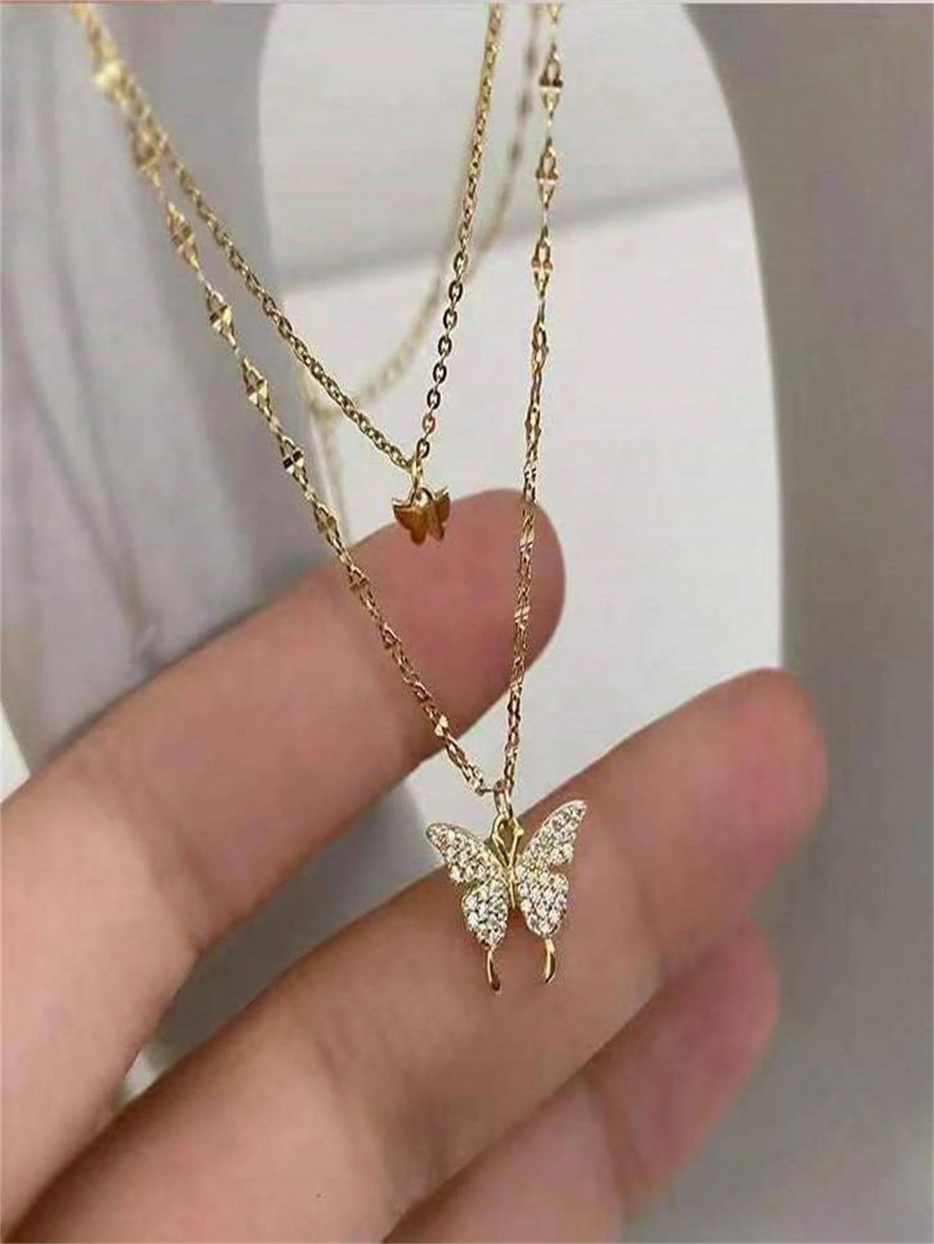 1pc Gold Color Butterfly Double Layer Crystal Necklace, Alloy Material, Perfect Gift For Girlfriend Back To School