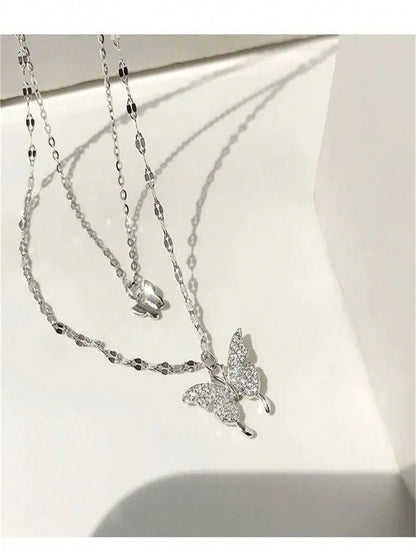 1pc Gold Color Butterfly Double Layer Crystal Necklace, Alloy Material, Perfect Gift For Girlfriend Back To School