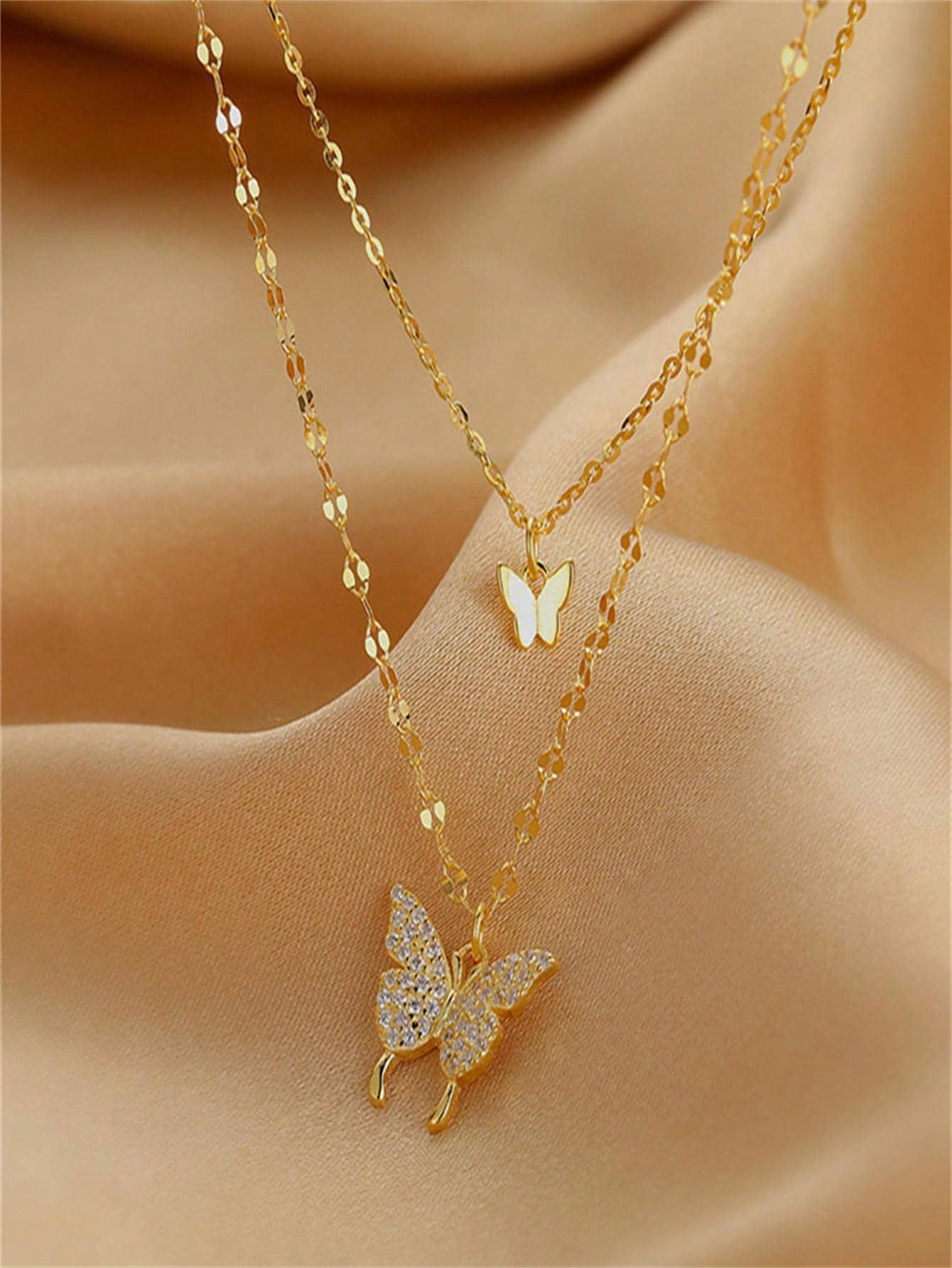 1pc Gold Color Butterfly Double Layer Crystal Necklace, Alloy Material, Perfect Gift For Girlfriend Back To School