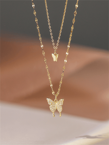 1pc Gold Color Butterfly Double Layer Crystal Necklace, Alloy Material, Perfect Gift For Girlfriend Back To School