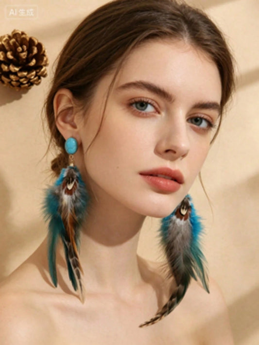 1PC Gold Square Turquoise Faux Feather Drop Earrings, Bohemian Long Dangle Earrings For Women, Statement Jewelry For Party & Festival