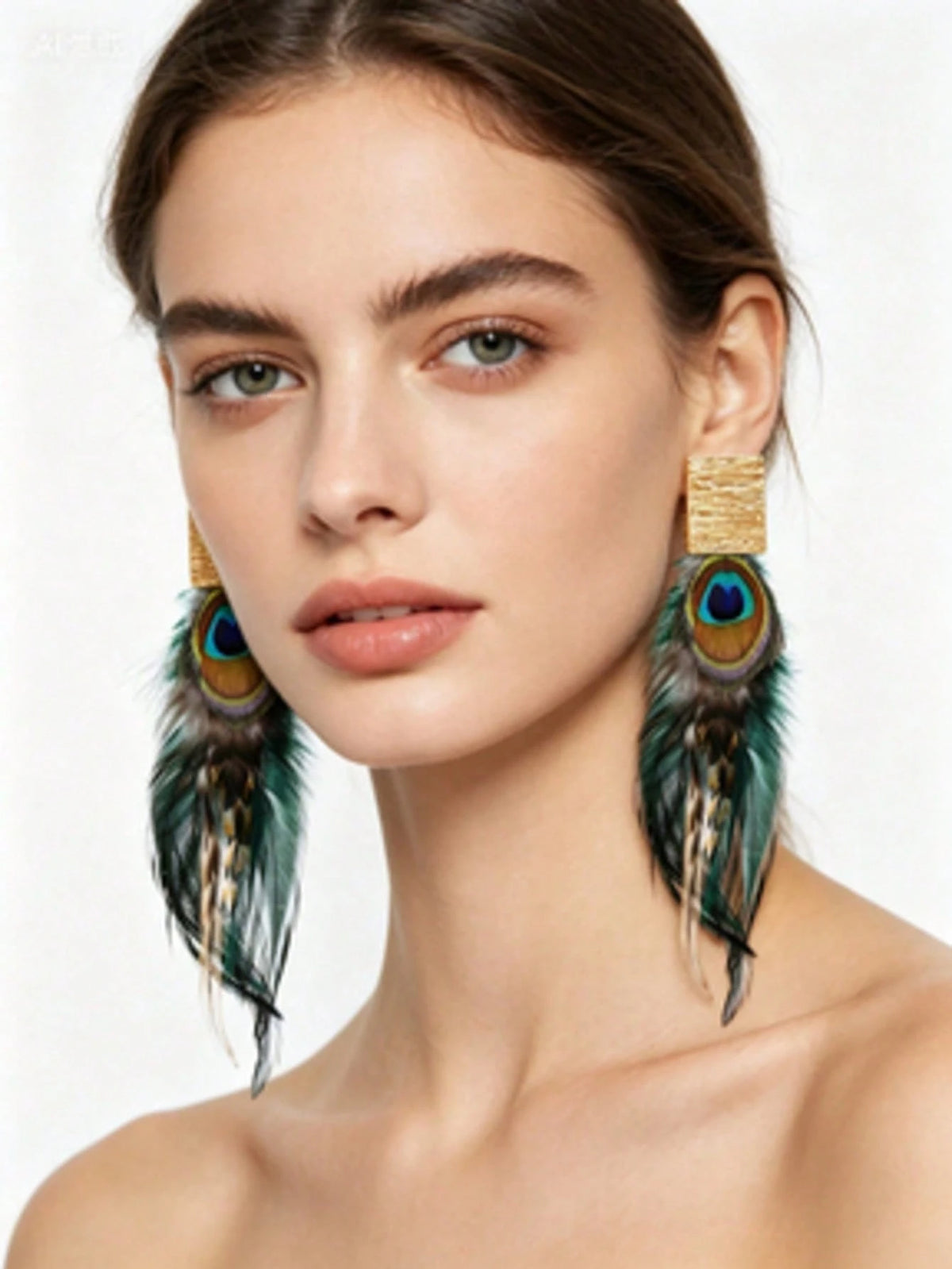 1PC Gold Square Turquoise Faux Feather Drop Earrings, Bohemian Long Dangle Earrings For Women, Statement Jewelry For Party & Festival