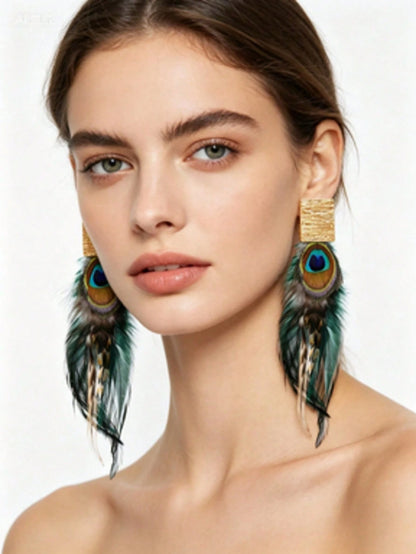 1PC Gold Square Turquoise Faux Feather Drop Earrings, Bohemian Long Dangle Earrings For Women, Statement Jewelry For Party & Festival
