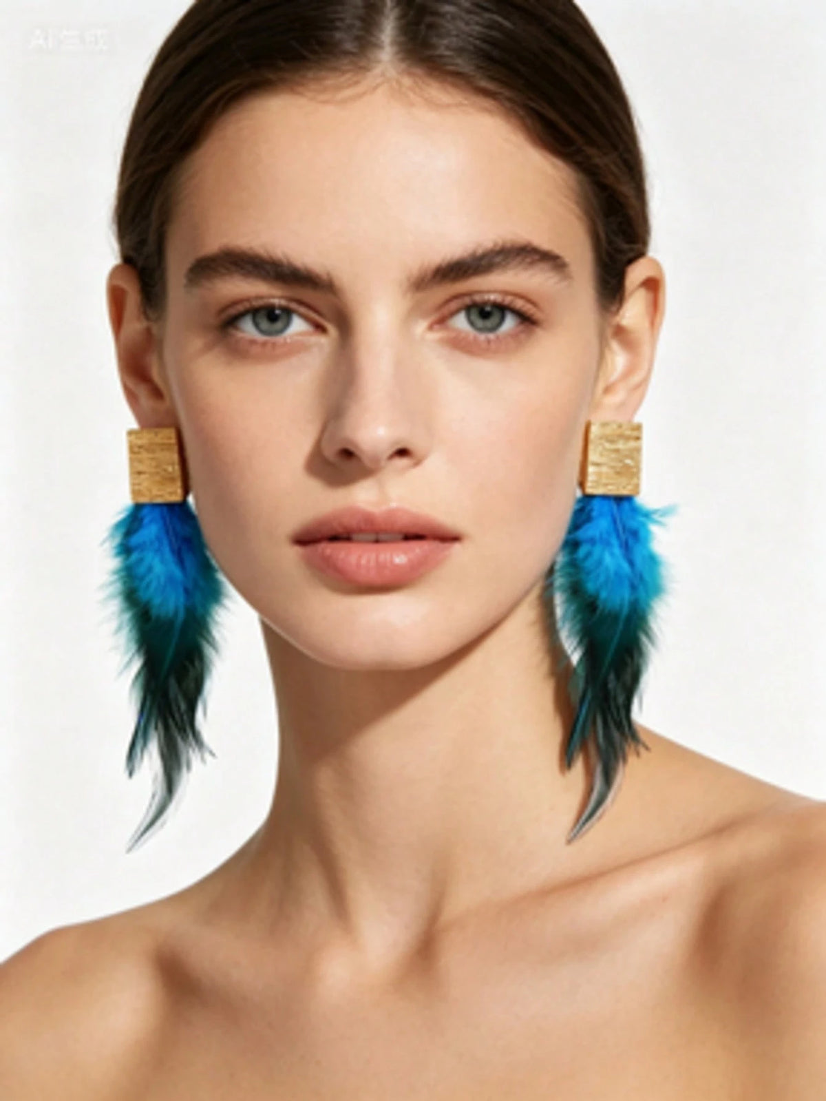 1PC Gold Square Turquoise Faux Feather Drop Earrings, Bohemian Long Dangle Earrings For Women, Statement Jewelry For Party & Festival
