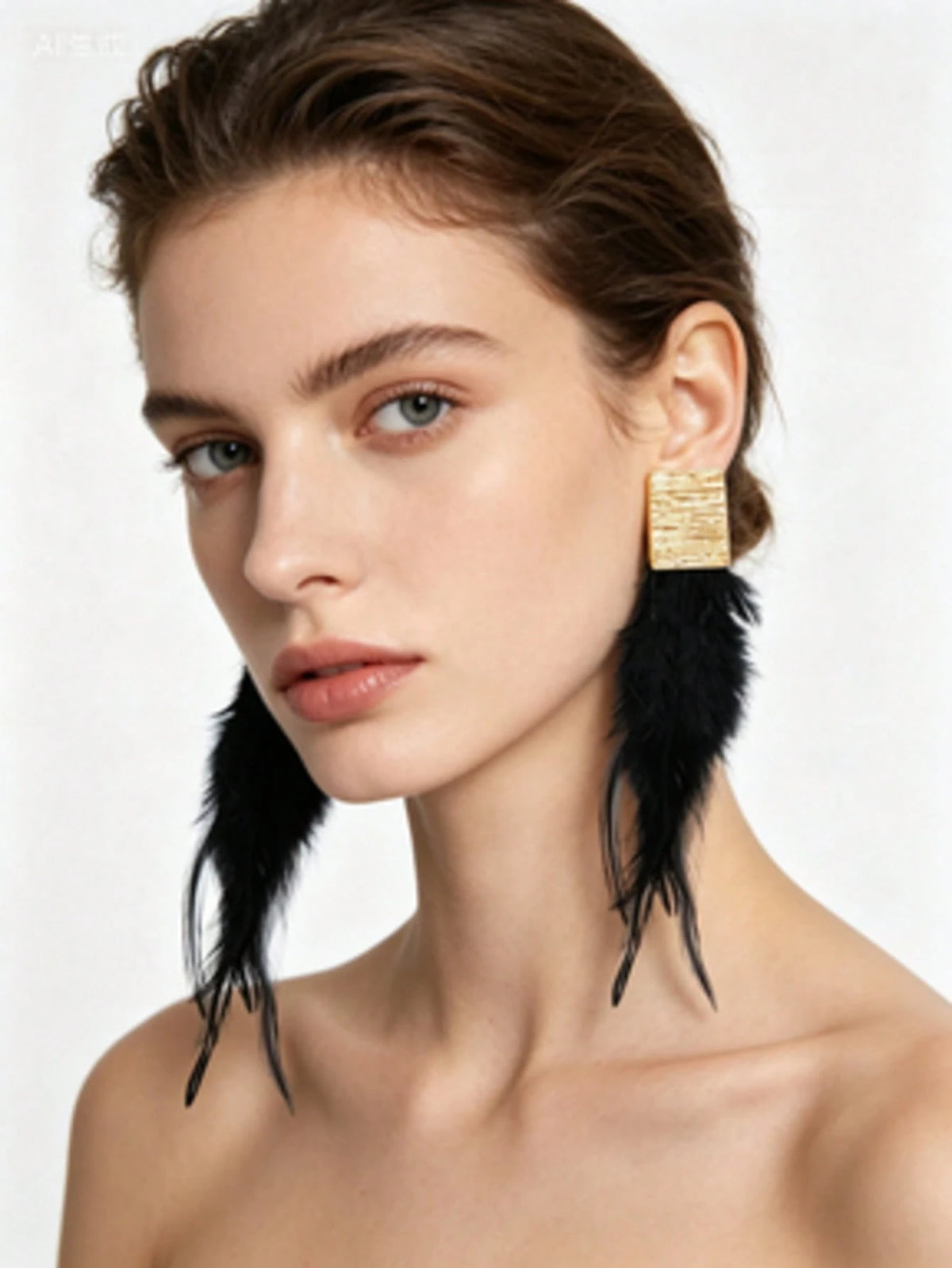 1PC Gold Square Turquoise Faux Feather Drop Earrings, Bohemian Long Dangle Earrings For Women, Statement Jewelry For Party & Festival