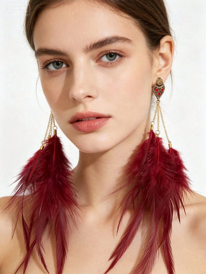 1PC Gold Square Turquoise Faux Feather Drop Earrings, Bohemian Long Dangle Earrings For Women, Statement Jewelry For Party & Festival