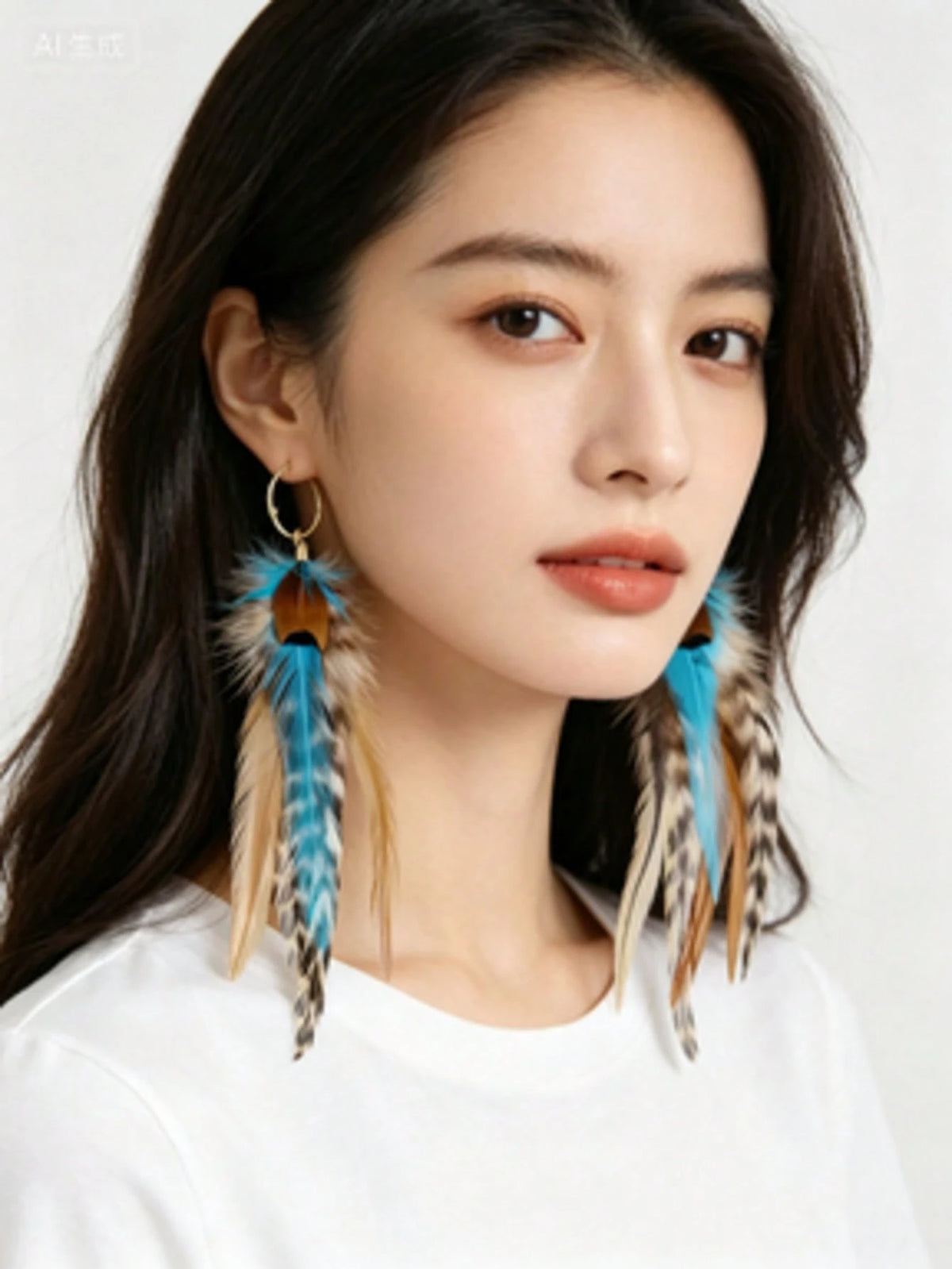 1PC Gold Square Turquoise Faux Feather Drop Earrings, Bohemian Long Dangle Earrings For Women, Statement Jewelry For Party & Festival