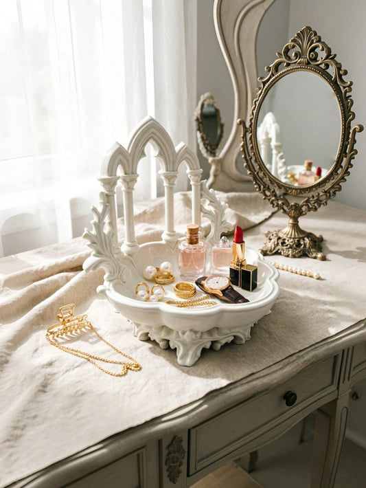 1pc Gothic Vintage Church Arch Storage Tray, 3-Color Matte Embossed Resin Organizer Dish, Jewelry & Cosmetics Storage, Vanity Desktop Decor Ornament, Niche Aesthetic Photo Prop