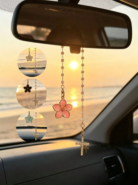 1pc Gradient Pearl Oil Drop Flower Car Rearview Mirror Pendant, Rhinestone Cross Car Hanging Decor, Flower Rhinestone Cross Car Pendant, Pearl Chain Design, Universal Car Rearview Mirror Interior Deco
