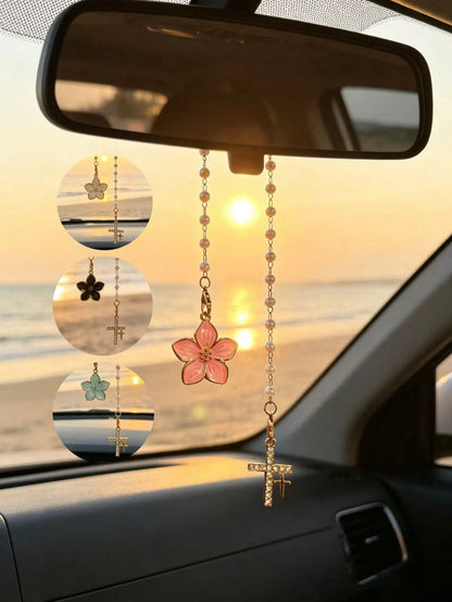 1pc Gradient Pearl Oil Drop Flower Car Rearview Mirror Pendant, Rhinestone Cross Car Hanging Decor, Flower Rhinestone Cross Car Pendant, Pearl Chain Design, Universal Car Rearview Mirror Interior Deco