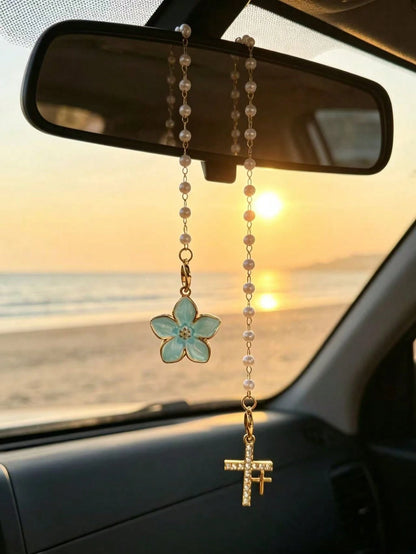 1pc Gradient Pearl Oil Drop Flower Car Rearview Mirror Pendant, Rhinestone Cross Car Hanging Decor, Flower Rhinestone Cross Car Pendant, Pearl Chain Design, Universal Car Rearview Mirror Interior Deco