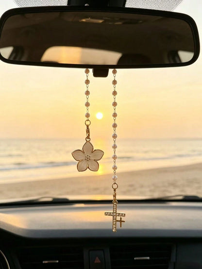 1pc Gradient Pearl Oil Drop Flower Car Rearview Mirror Pendant, Rhinestone Cross Car Hanging Decor, Flower Rhinestone Cross Car Pendant, Pearl Chain Design, Universal Car Rearview Mirror Interior Deco