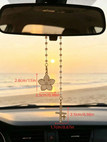 1pc Gradient Pearl Oil Drop Flower Car Rearview Mirror Pendant, Rhinestone Cross Car Hanging Decor, Flower Rhinestone Cross Car Pendant, Pearl Chain Design, Universal Car Rearview Mirror Interior Deco