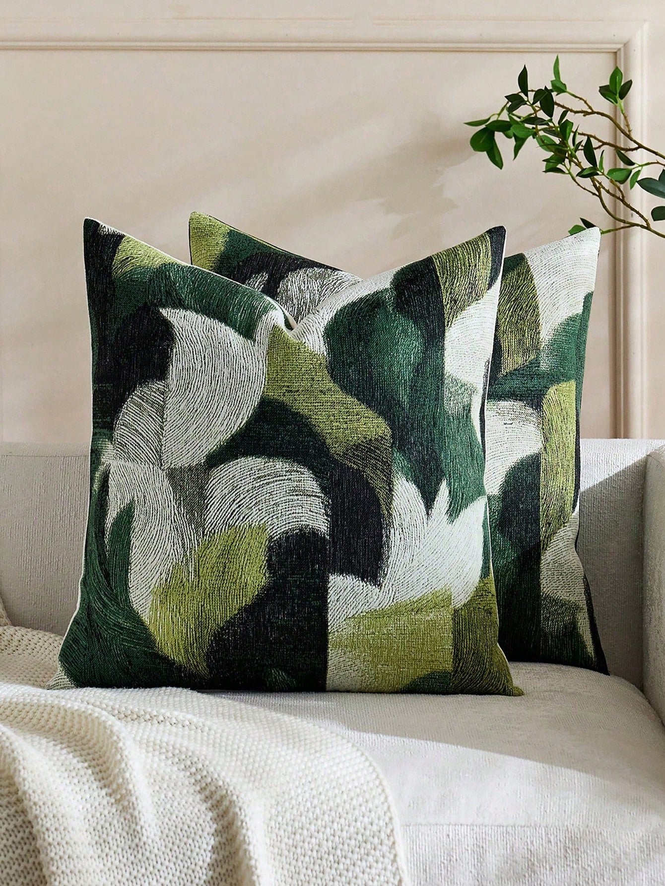 1pc Green + Multi-Color (No Insert) Abstract Gradient Texture Throw Pillow Cover, Modern Fashionable Soft Chenille Jacquard Feather Pattern Cushion Cover, Suitable For Home, Sofa, Bed, Bedroom, Living