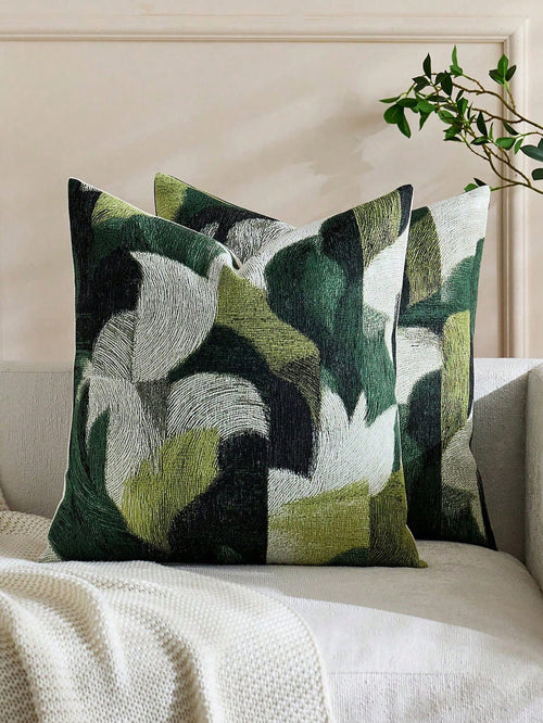 1pc Green + Multi-Color (No Insert) Abstract Gradient Texture Throw Pillow Cover, Modern Fashionable Soft Chenille Jacquard Feather Pattern Cushion Cover, Suitable For Home, Sofa, Bed, Bedroom, Living