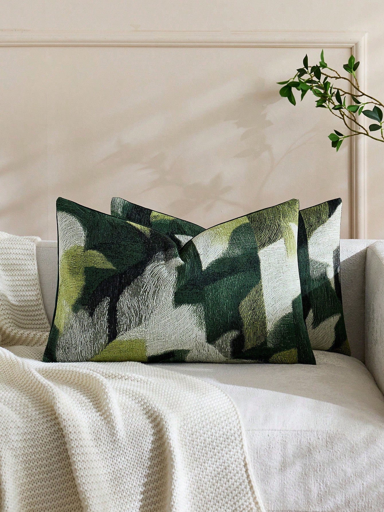 1pc Green + Multi-Color (No Insert) Abstract Gradient Texture Throw Pillow Cover, Modern Fashionable Soft Chenille Jacquard Feather Pattern Cushion Cover, Suitable For Home, Sofa, Bed, Bedroom, Living