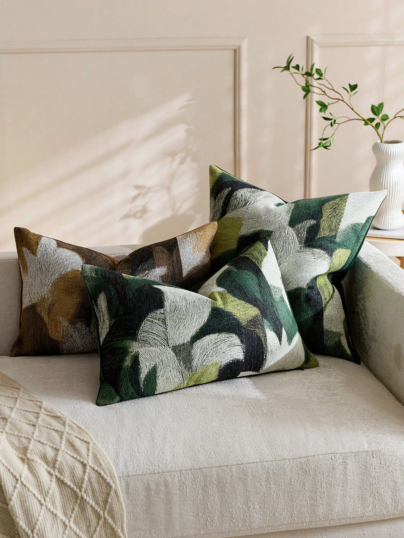 1pc Green + Multi-Color (No Insert) Abstract Gradient Texture Throw Pillow Cover, Modern Fashionable Soft Chenille Jacquard Feather Pattern Cushion Cover, Suitable For Home, Sofa, Bed, Bedroom, Living